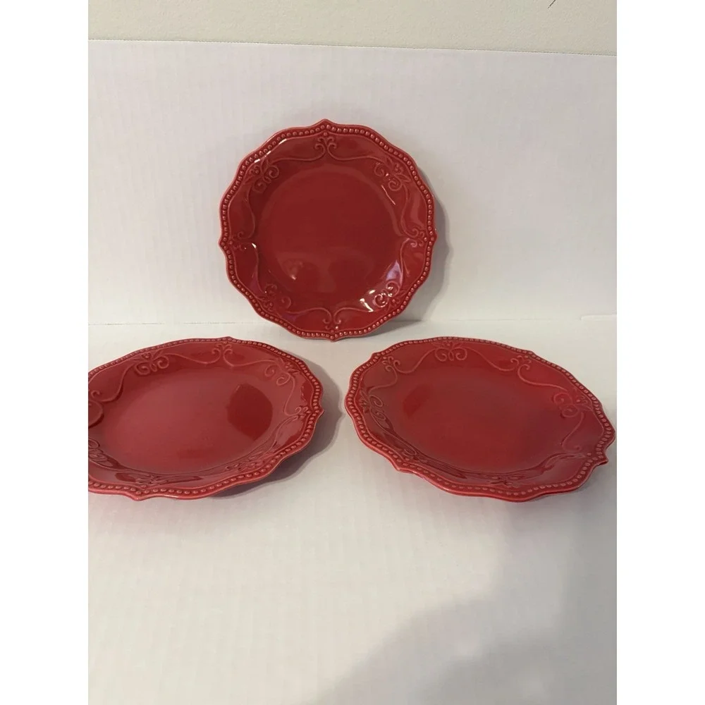 Set of 3 Pioneer Woman Red Glossy Ceramic Salad/Dessert plates Microwave Safe
